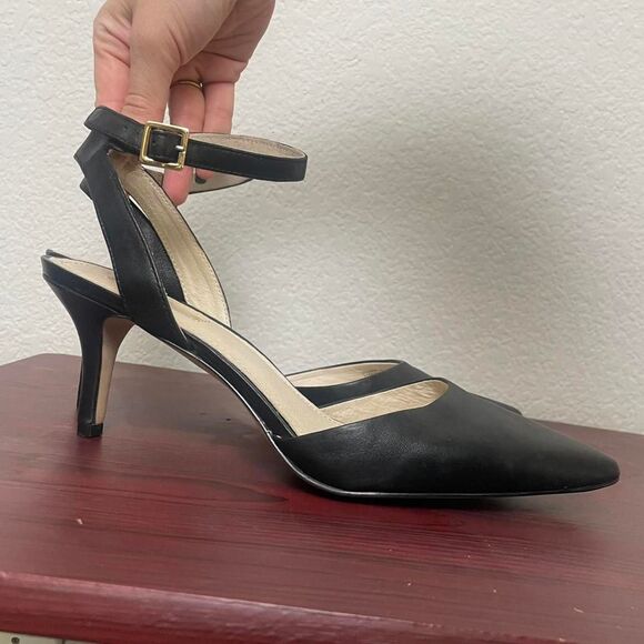 Louise et Cie Black Leather Kota Ankle Strap Pointed Toe Kitten Heel Pumps 11 - Picture 2 of 6
